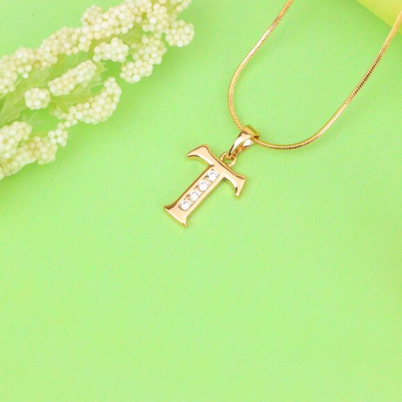 "Rose Gold Initial T Pendant with Crystals – Elegant Brass Jewelry, XPPT1369 - Picture 12 of 13